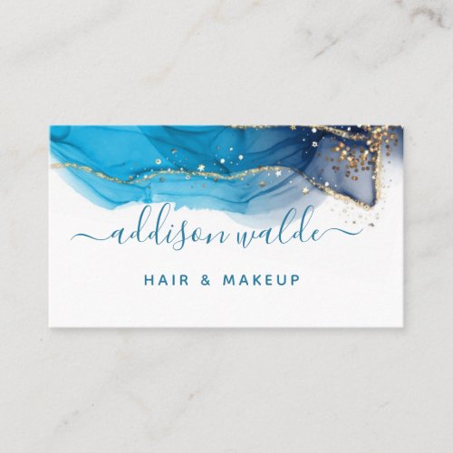 Blue And Gold Modern Art Liquid Watercolor Ink  Business Card