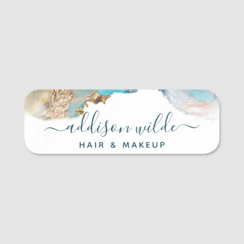Blue And Gold Modern Art Liquid Watercolor Ink Name Tag
