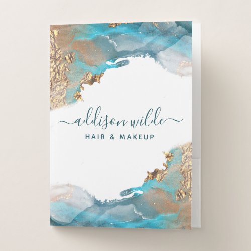 Custom Binders And Folders 14 Blue And Gold Modern Art Liquid Watercolor Ink Pocket Folder