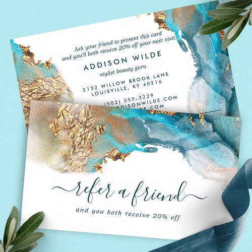 Custom Referral Cards 18 Blue And Gold Modern Art Liquid Watercolor Ink Referral Card