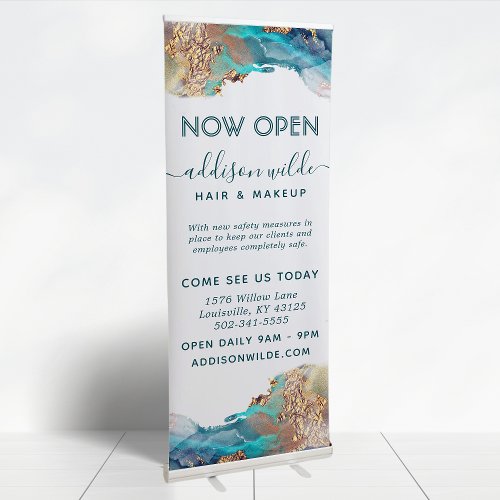 Blue And Gold Modern Art Liquid Watercolor Ink  Retractable Banner