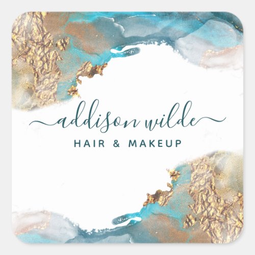 Custom Stickers 12 Blue And Gold Modern Art Liquid Watercolor Ink Square Sticker