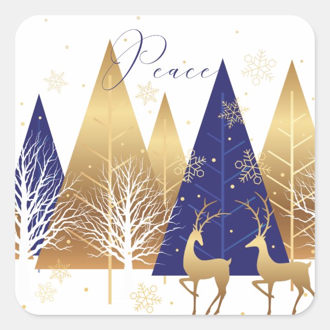 Blue and Gold Modern Christmas Peace Holiday Square Sticker (Front)