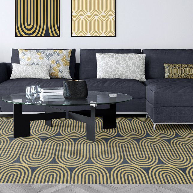 Blue And Gold Modern Geometric Area Rug (blue and gold geometric 8x10 living room area rug)