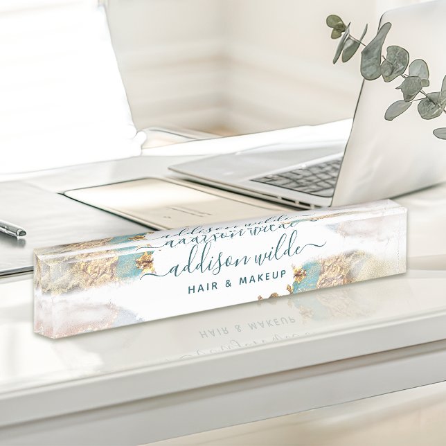 Blue And Gold Modern Liquid Watercolor Business Desk Name Plate (Creator Uploaded)