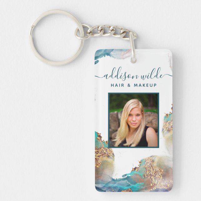 Blue And Gold Modern Liquid Watercolor Salon ID Keychain (Front)