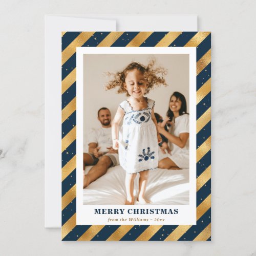 Blue and Gold Modern Photo Merry Christmas Holiday Card