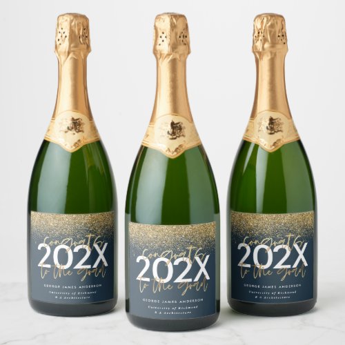 Blue and gold modern script glitter graduation  sparkling wine label
