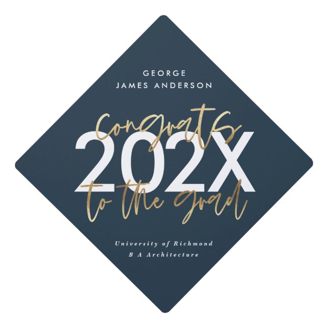 Blue and gold modern script photo graduation  cap topper (Front)