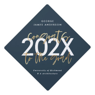 Blue and gold modern script photo graduation graduation cap topper