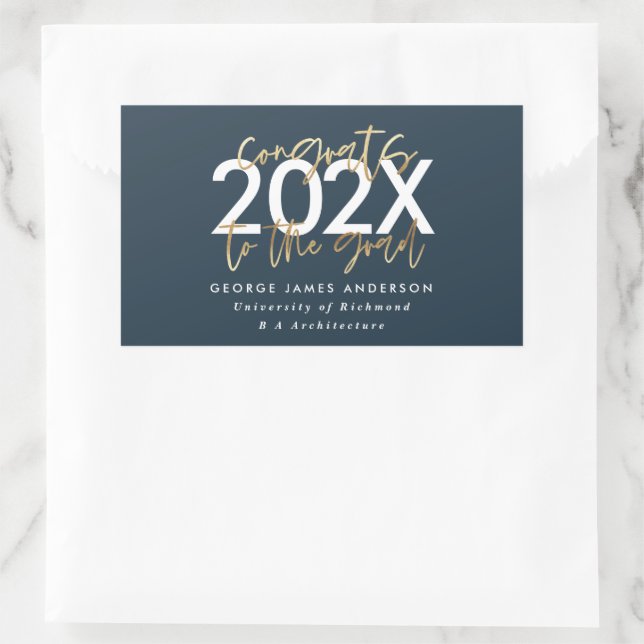Blue and gold modern script stylish graduation rectangular sticker (Bag)