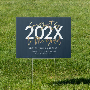 Blue and gold modern script stylish graduation sign