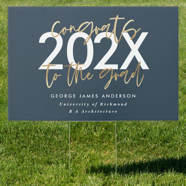 blue and gold modern script stylish graduation sign (Insitu)