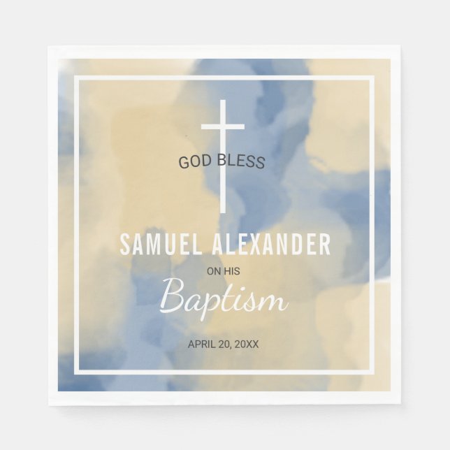 Blue and Gold Modern Watercolor Baby Boy Baptism Napkins (Front)