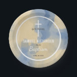Blue and Gold Modern Watercolor Baby Boy Baptism Paper Plates<br><div class="desc">This blue and gold paper plate is a trendy addition to a baby boy's baptismal dinner. A navy blue and gold watercolor background is accented with a white cross and custom text for the baby's name and date of baptism.</div>