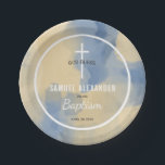 Blue and Gold Modern Watercolor Baby Boy Baptism Paper Plates<br><div class="desc">This blue and gold paper plate is a trendy addition to a baby boy's baptismal dinner. A navy blue and gold watercolor background is accented with a white cross and custom text for the baby's name and date of baptism.</div>