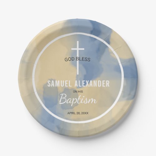 Blue and Gold Modern Watercolor Baby Boy Baptism Paper Plates