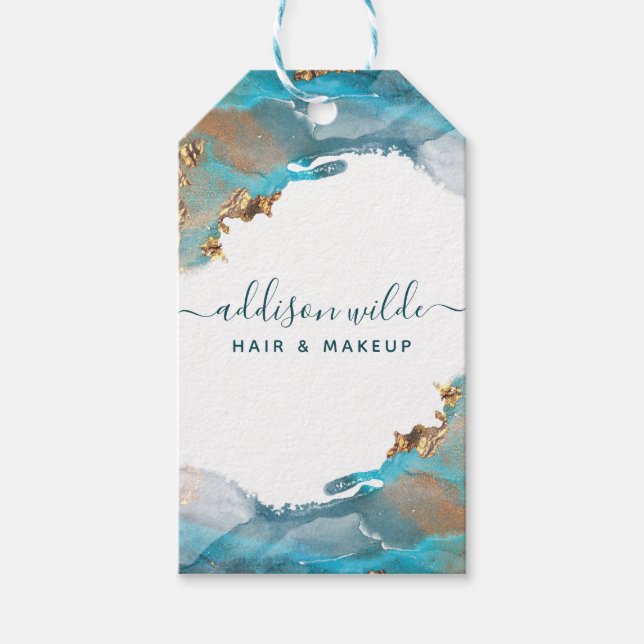 Blue And Gold Modern Watercolor Ink Price Hang Tag (Front)