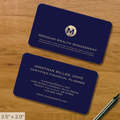 Blue and Gold Monogram Financial Business Card