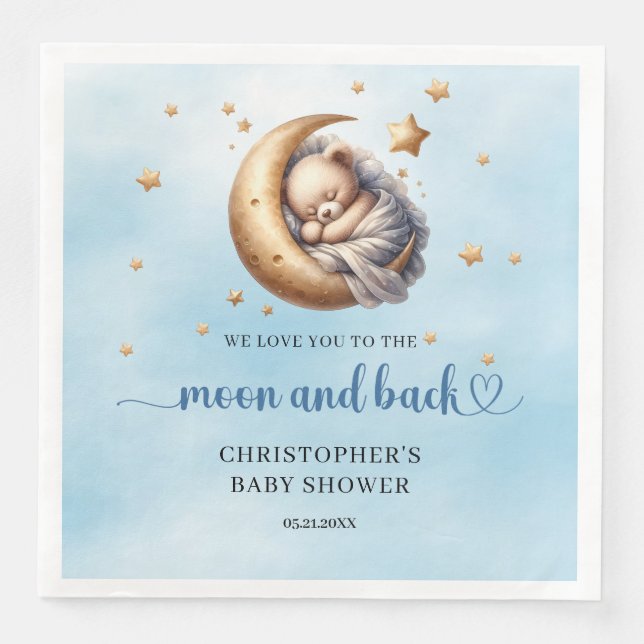 Blue and gold Moon and back teddy bear Paper Dinner Napkins (Front)