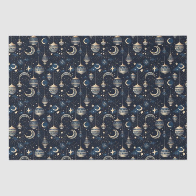 Blue and gold moon and lanterns tissue paper (Front)