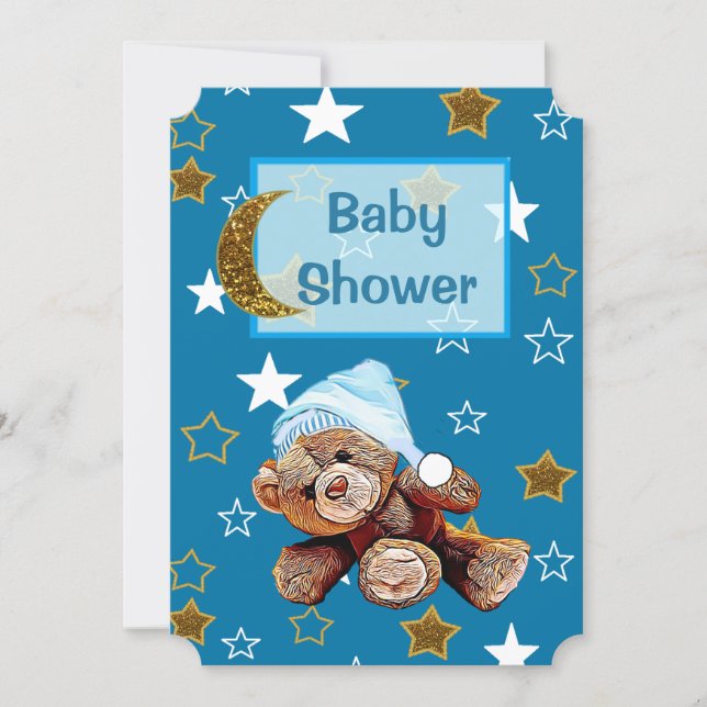 Blue and Gold Moon and Stars Baby Shower Invites (Front)