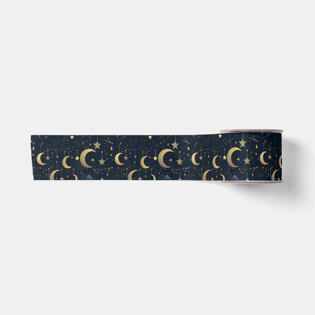 Blue and gold moon and stars satin ribbon | Zazzle