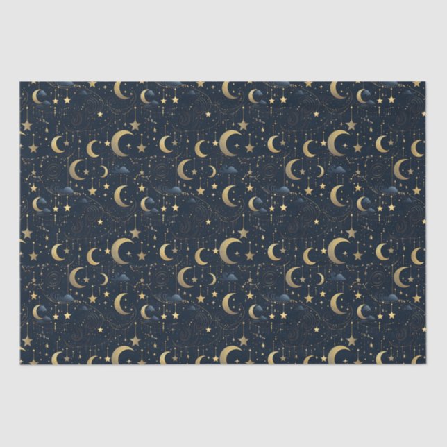Blue and gold moon and stars tissue paper (Front)