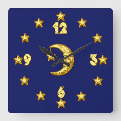 Blue and Gold Moon and Stars Wall Clock