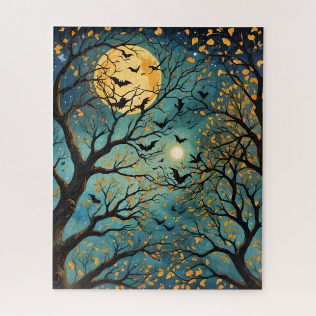 Blue and Gold Moon Bats at Night Jigsaw Puzzle (Vertical)