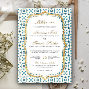 Blue and Gold Moroccan Tile Islamic Wedding Invitation