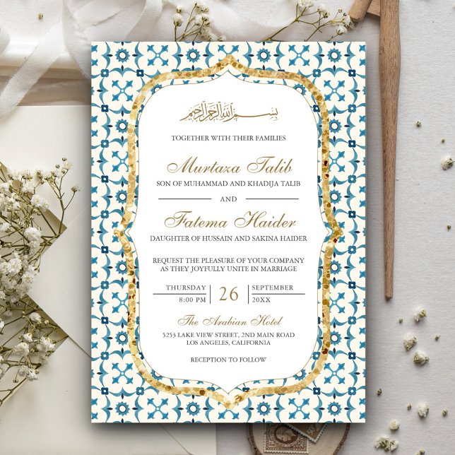 Blue and Gold Moroccan Tile Islamic Wedding  Invitation (Creator Uploaded)