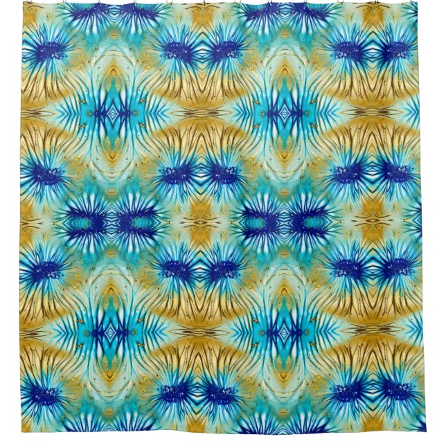 Blue and Gold Morphed Flower Shower Curtain (Front)
