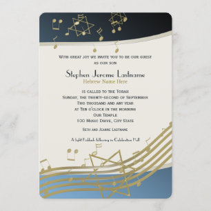 Blue and Gold Music Bar Mitzvah Invitation