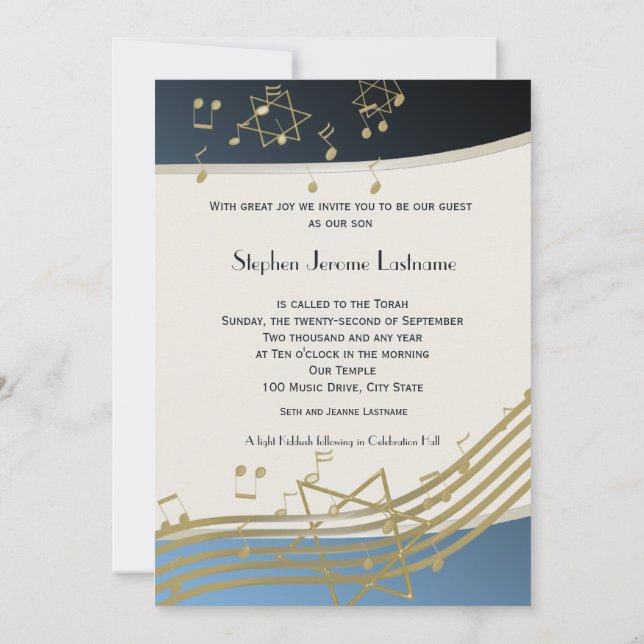 Blue and Gold Music Bar Mitzvah Invitation (Back)