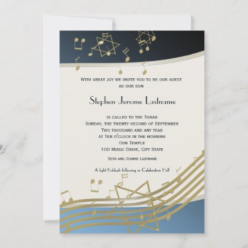 Blue and Gold Music Bar Mitzvah Invitation