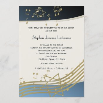 Blue And Gold Music Bar Mitzvah Invitation by InBeTeen at Zazzle