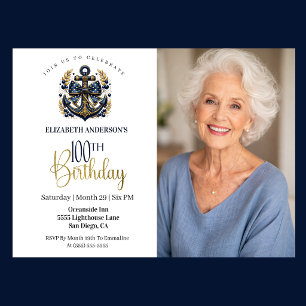 Blue and Gold Nautical Anchor 100th Birthday Photo Invitation