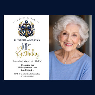 Blue and Gold Nautical Anchor 101st Birthday Photo Invitation
