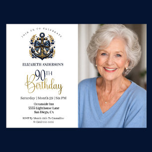 Blue and Gold Nautical Anchor 90th Birthday Photo Invitation