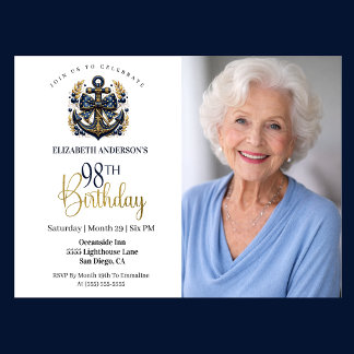 Blue and Gold Nautical Anchor 98th Birthday Photo Invitation