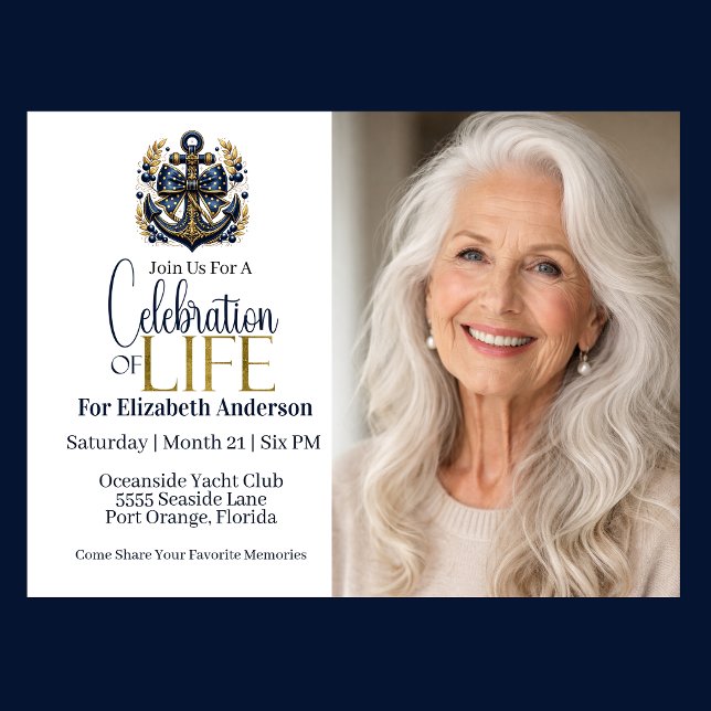 Blue and Gold Nautical Anchor Celebration Of Life Invitation (Nautical blue and gold anchor celebration of life invitation with photo elegant seaside theme
)