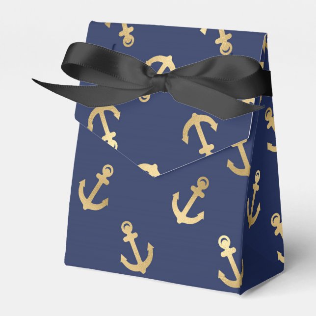 Blue and Gold Nautical Anchor Pattern Favor Boxes (Front Side)