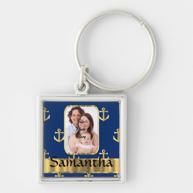 Blue and gold nautical anchor patterned keychain (Front)