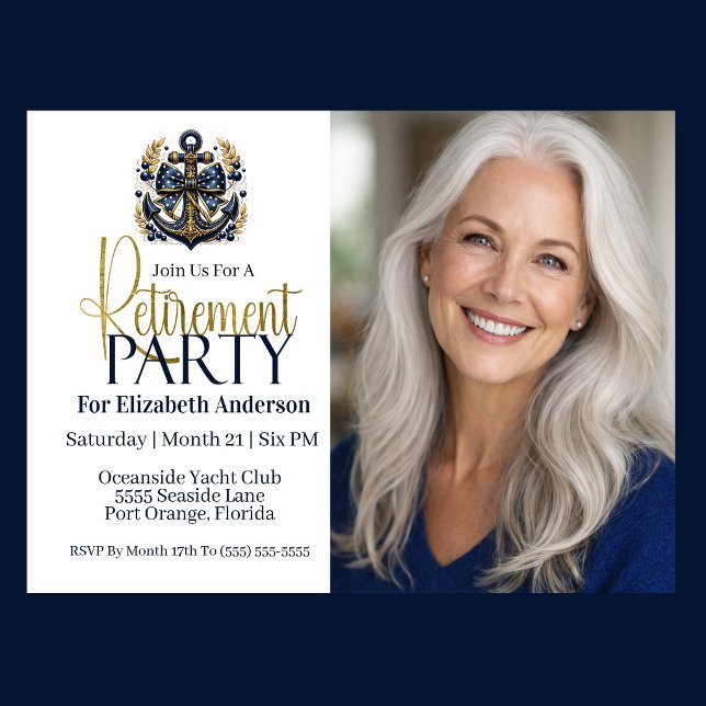 Blue and Gold Nautical Anchor Retirement Party Invitation (Nautical blue and gold anchor retirement party invitation with photo elegant seaside theme
)