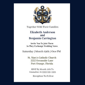 Blue and Gold Nautical Anchor Wedding Invitation