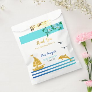 Blue and Gold Nautical | Blue Watercolor Flowers  Favor Bag