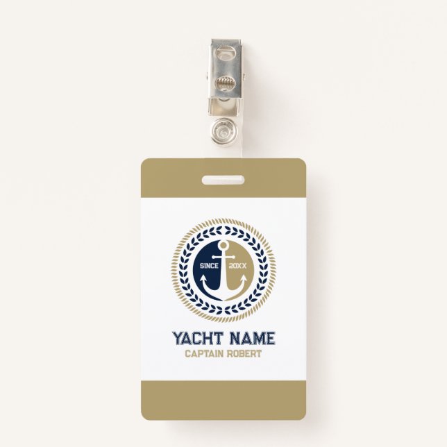 Blue and gold nautical boat anchor badge (Front with Clip)