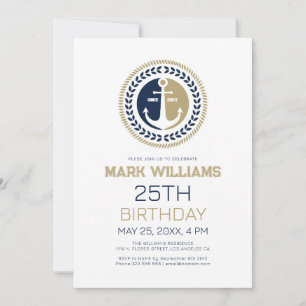 Blue and gold nautical boat anchor invitation