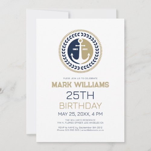 Blue and gold nautical boat anchor  invitation